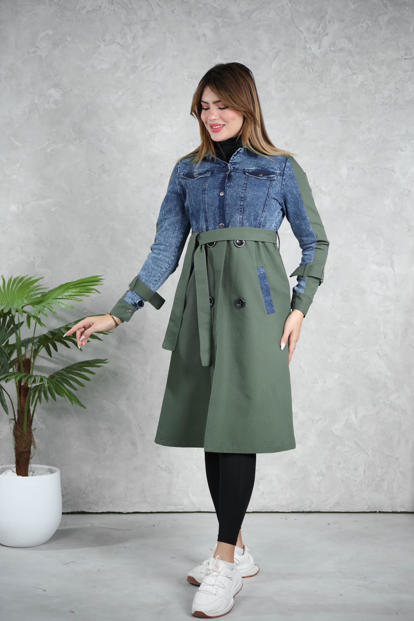 🧥 Trench mi-long bicolore denim et kaki