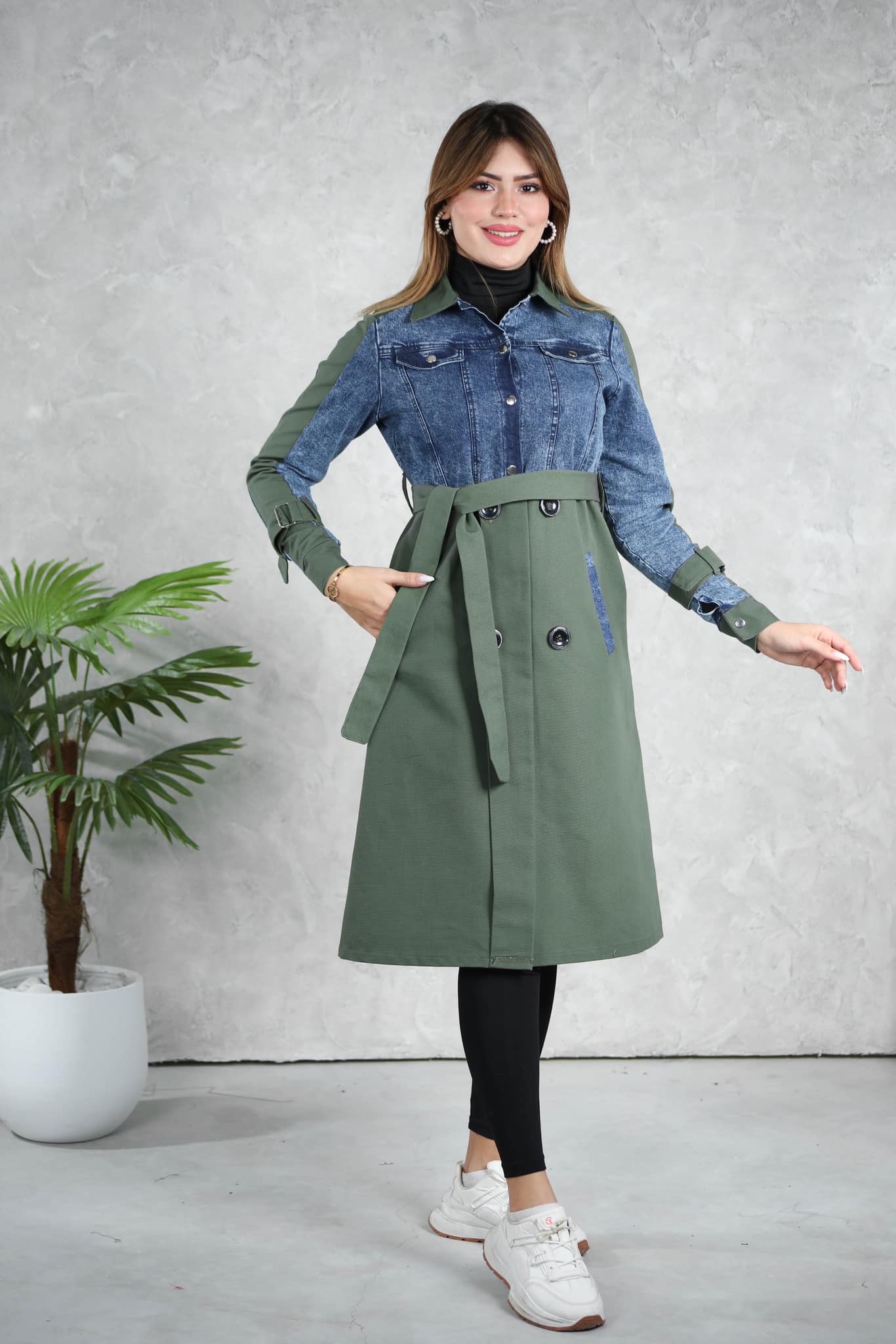 🧥 Trench mi-long bicolore denim et kaki