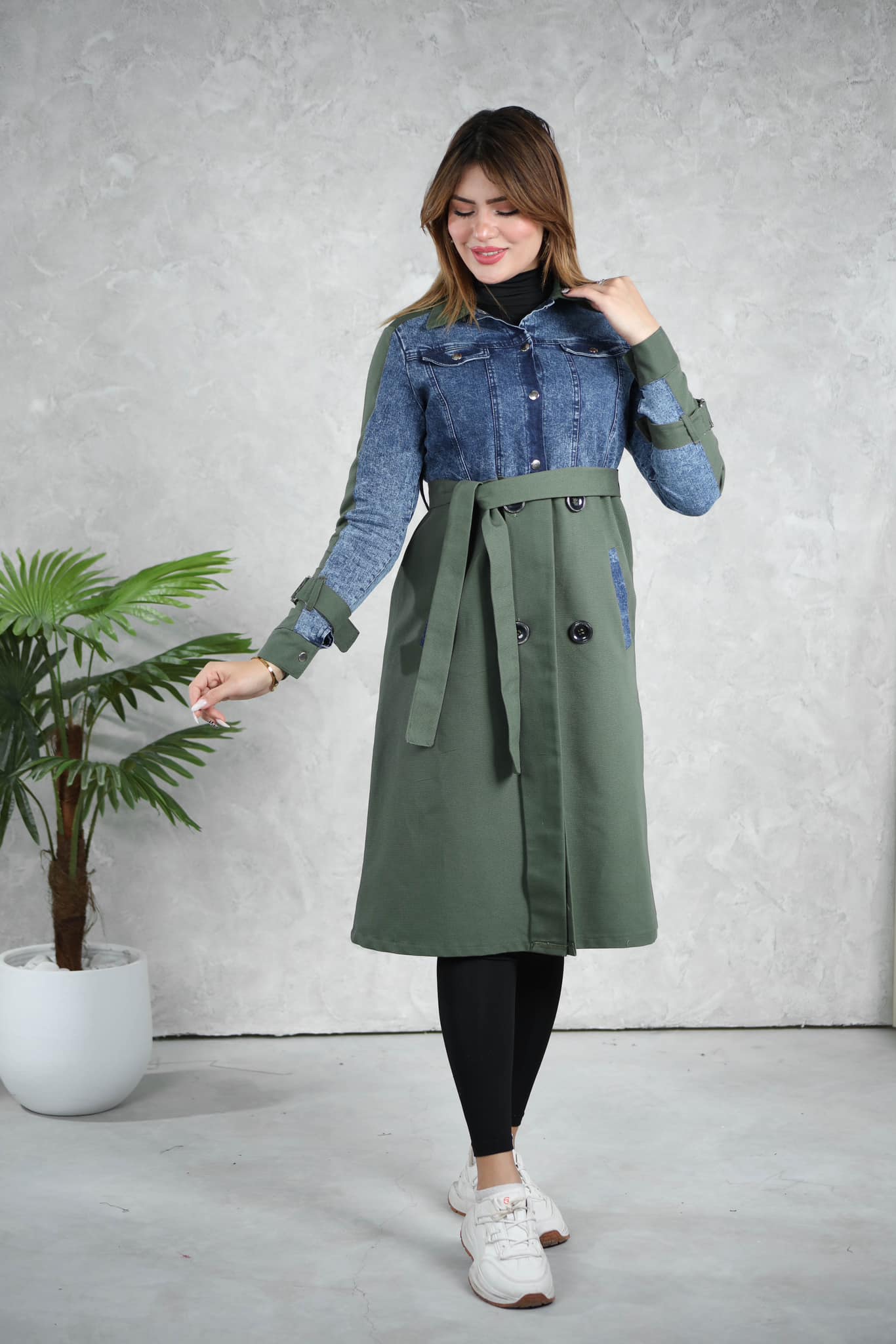 🧥 Trench mi-long bicolore denim et kaki