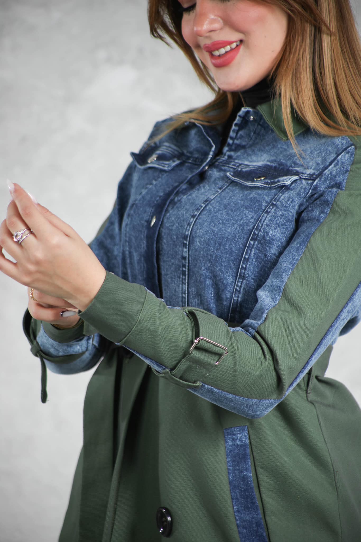 🧥 Trench mi-long bicolore denim et kaki